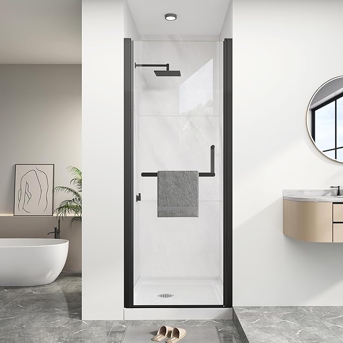 KPUY Pivot Shower Door, 24-26" W x 72" H Frameless Single Swing Glass Shower Door with Explosion-Proof Film Nano Coating, 1/4" (6mm) Thick Tempered Clear Glass, Matte Black
