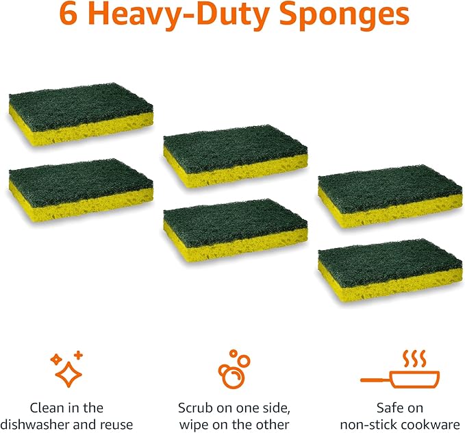 Amazon Basics Heavy Duty Scrub Sponges, Dual-Sided Design, Yellow/Green, 6-Pack, Packaging may vary