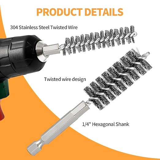 Bore Brush for Drill – 6pcs Stainless Steel Wire Tube Brush in Different Sizes, Twisted Wire Cleaning Brush with 1/4" Hex Shank, bore Brush Copper Pipe Cleaner for Power Drill & Tube Cleaning