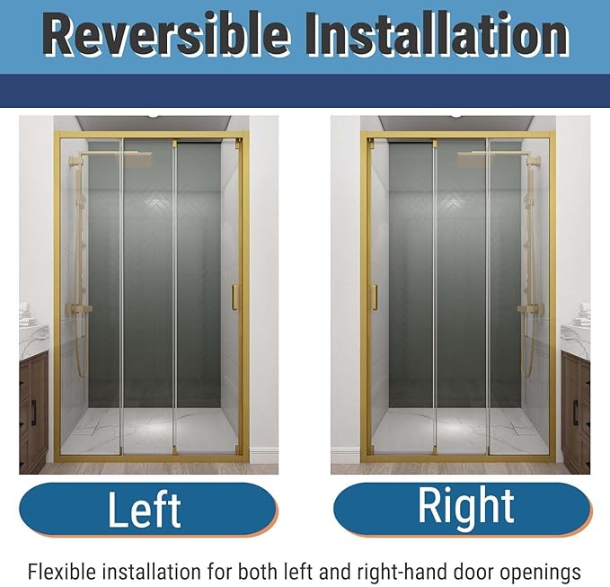 46" W x 78" H 3-Panels Sliding Shower Door, Shower Door Clear 6mm Tempered Glass with Brushed Gold Frame, 3-Panels Sliding Shower Easy to Clean,Three-Panel Synchronized Shower Sliding Door