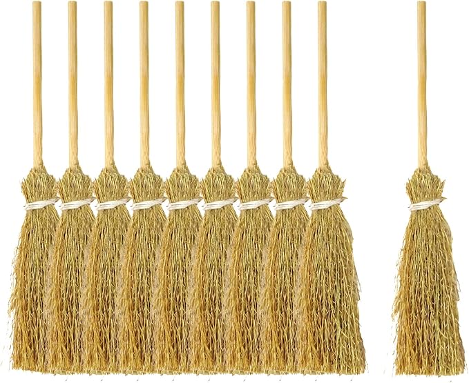 Honbay 10PCS Miniature Artificial Mini Straw Brooms with Red Ropes Halloween Straw Craft Decoration Witches Accessory for Costume Cosplay Party (6.89")