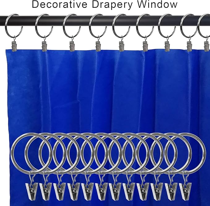 40 Pack Metal Curtain Rings with Clips, Drapery Clips Hooks, Decorative Curtain Rod Clips 1.5 in Interior Diameter, Silver