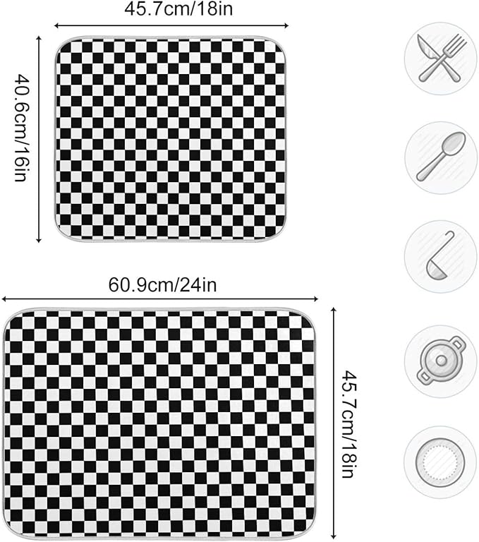 Black White Checkered Pattern Dish Drying Mat for Kitchen Counter Absorbent Microfiber Drying Pad, Large 18x24 in, Reversible Drainer Mats