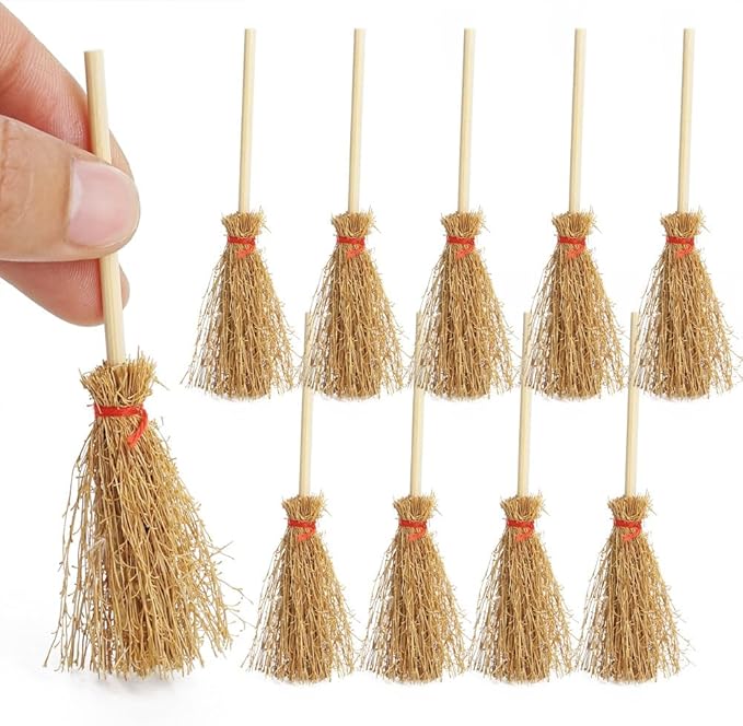 Odoria Dollhouse Straw Broom Miniature - 1/12 Scale Broomstick for Fairy Garden - Mini Witch Broom Decorative Craft - Tiny Besom Rustic for Halloween Thanksgiving Festival 10Pcs