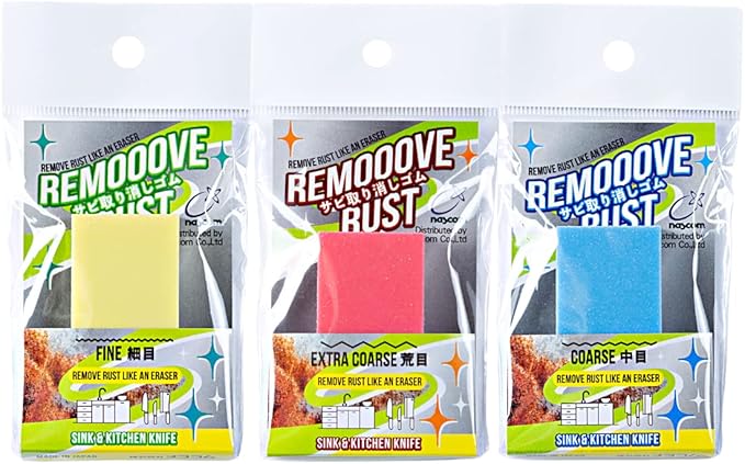 Rust Eraser for Knives Kitchen Stoves Wood Finish and Bicycles Multi Purpouse Cleaning Rubber Eraser Remover Dirt Stains, Set of 3 (Fine, Coarse, Extra coarse) Made in Japan