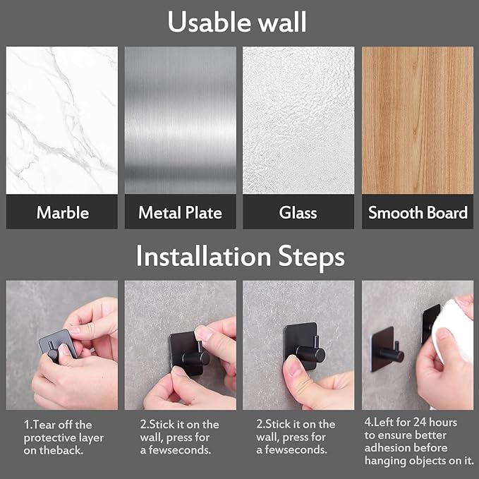 YIGII Adhesive Hooks/Towel Hook - Wall Hooks Stick on Heavy Duty for Hanging Towels/Coat/Hat/Bag in Bathroom, Bedroom, Dorm, SUS-304 Stainless Steel Matte Black 4 Packs
