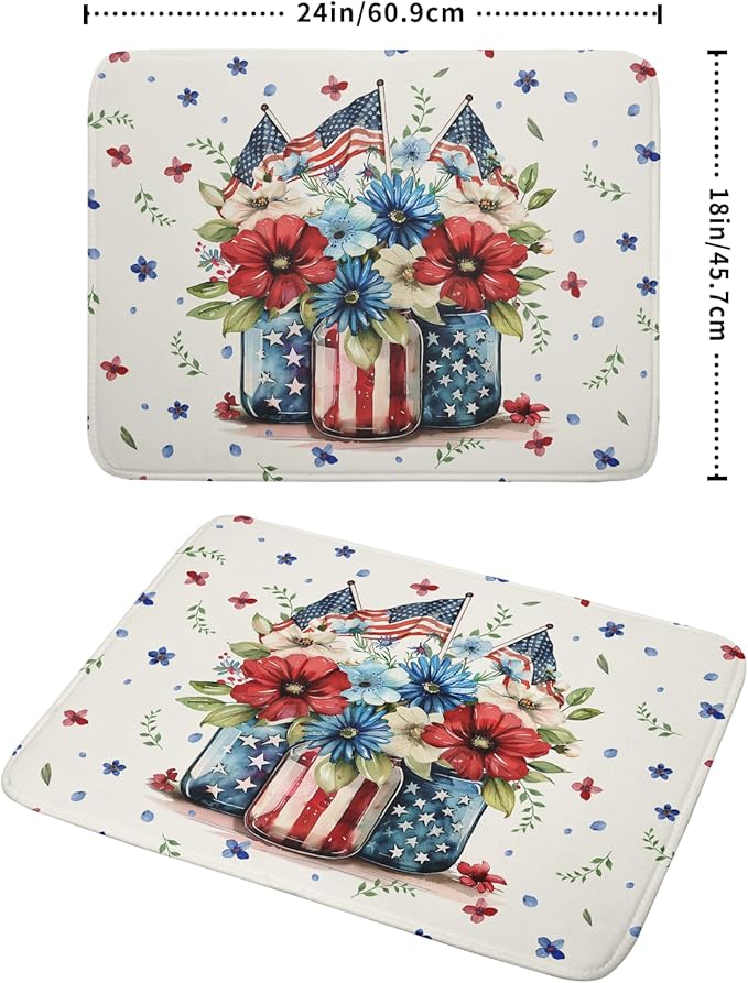 Giwawa American Patriotic Floral Dish Drying Mat Flower Vase Drainer Rack Mats 18"x24" Absorbent Microfiber Dish Dry Pad for Kitchen Counter Sink