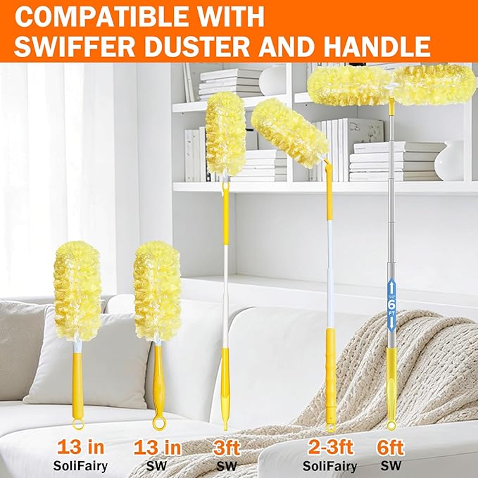 60 Heavy Duty Duster Refills for Swiffer Duster, 3 ft Extendable Handle + 1 Short Handle, Multisurface 360 Dusters kit for Dusting Furniture, Ceiling Fans, Blinds, Corners, Yellow