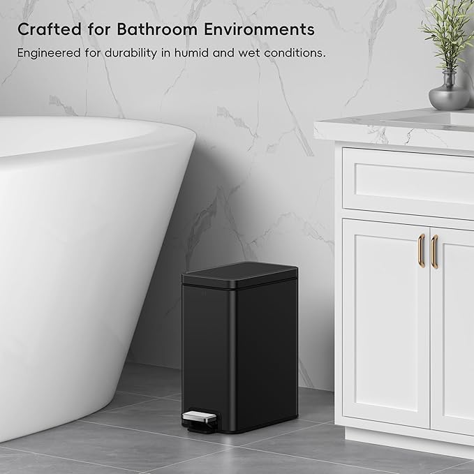 EKO Small Bathroom Trash Can with Lid Soft Close, Step Pedal, 10 Liter / 2.6 Gallon Stainless Steel Garbage Can with Removable Inner Bucket, Anti-Fingerprint Finish (Matte Black)