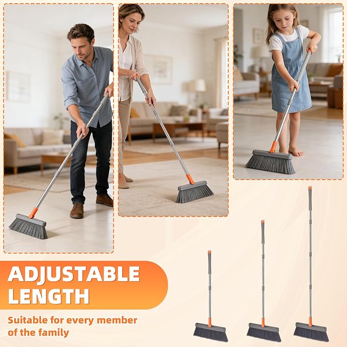 Ease of Assembly Broom and Dustpan Set, Self Cleaning with Metal Dustpan Teeth, Indoor&Outdoor Sweeping, Ideal for Dog Cat Pets Home Use, Stand Up Broom and Dustpan, Orange&Grey