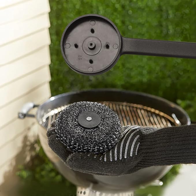 18" Long Handle Grill Brush with Replaceable Head - Safe Bristle Free Stainless Steel BBQ Cleaner with Heavy Duty Scrubber Pad, Grill Accessories Steel Wool Scrubbers for Porcelain Gas Charcoal Grill