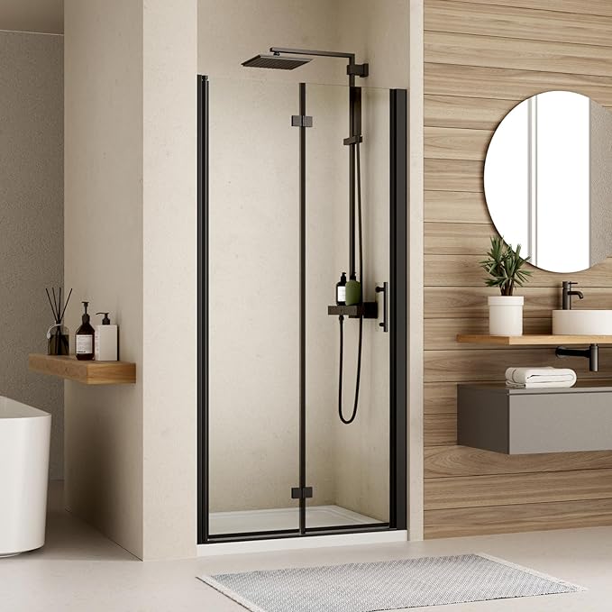 Bifold Shower Door, Royal Guard 34" W X 72" H Frameless Glass Shower Door with 1/4" (6mm). Clear Tempered Shower Glass Door,Pivot Swing Shower Doors,Matte Black