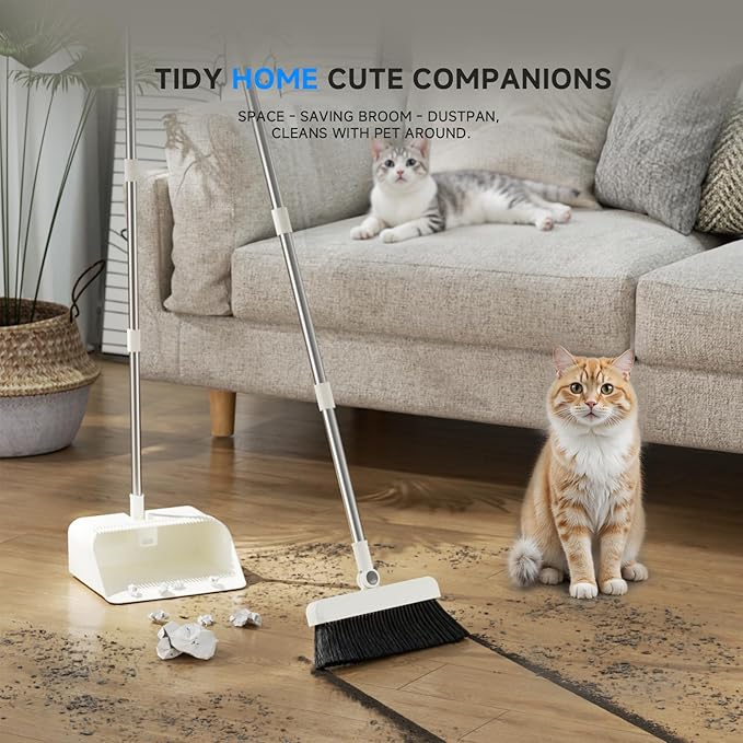 Magnetic Broom and Dustpan Set with Silicone Squeegee, 55'' Broom with Dustpan Combo Set Self-Cleaning Teeth Design Upright Standing Dustpan with Grey Microfiber Cloth for Indoor Floor Home Kitchen