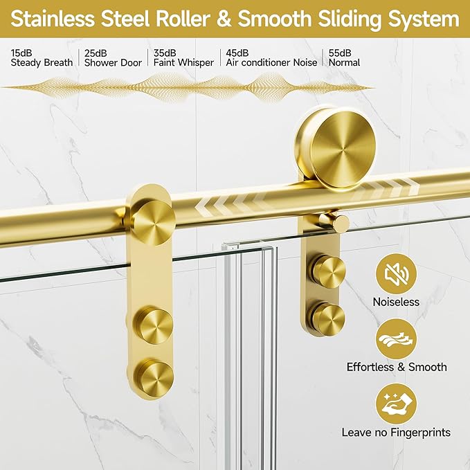 56-60" W x 75" H Shower Glass Door, Frameless Sliding Shower Door, 5/16"(8mm) Tempered Glass Shower Doors for Walk in Shower with Explosion-Proof Film, Brushed Gold Stainless Steel Hardware