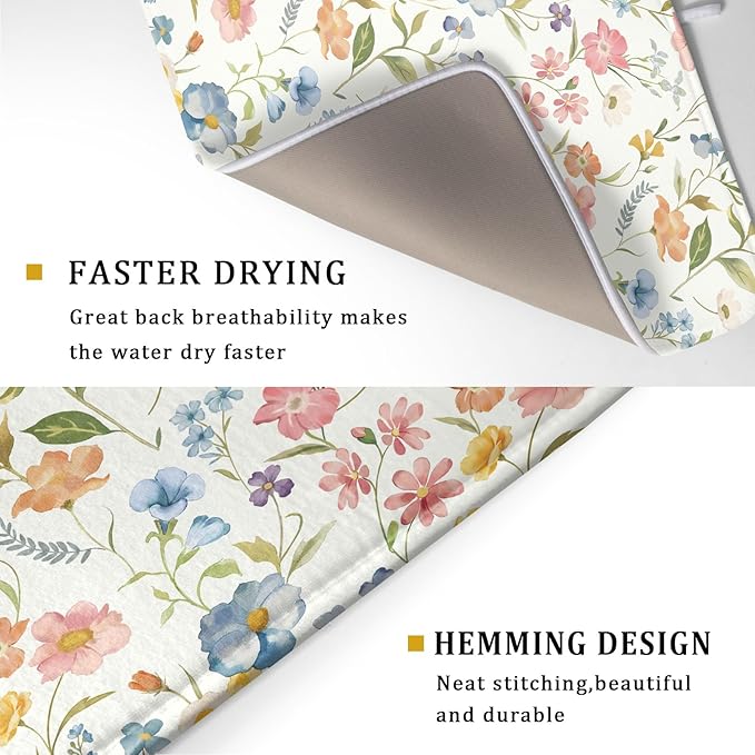 Khope Spring Dish Drying Mat for Kitchen Counter 18x24 Inch Summer Colorful Floral Reusable Washable Drying Pad Countertop Home Decor