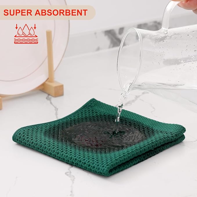 Kitinjoy 100% Cotton Kitchen Dish Cloths (12 X 12 Inches, Dark Green), 6 Pack Waffle Weave Ultra Soft Absorbent Dish Towels for Drying Dishes Quick Drying Kitchen Towels Dish Rags