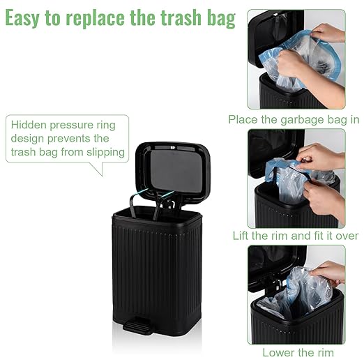 rejomiik Small Bathroom Trash Can with Lid 2.1 Gallon Soft Close Step Slim Garbage Can Waste Bin for Office, Bedroom, Kitchen, Black