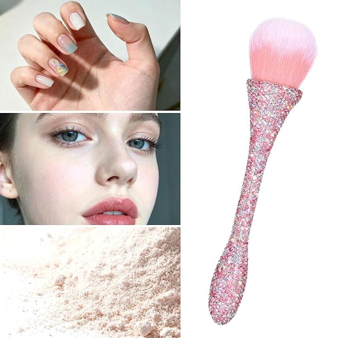 Nail Dust Brush, Pink Shiny Rhinestone Nail Art Dust Brushes Acrylic Nails Duster Brush Nails Powder Cleaning Brushes Make Up Manicure Trimming Clean Up Tools, 1 PCS