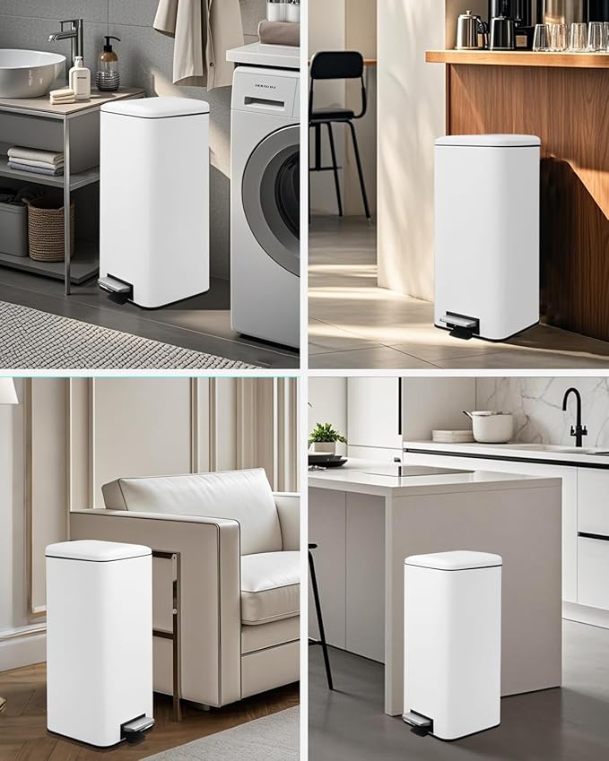 8 Gallon Trash Can with Lid, White Kitchen Trash Can with Soft Close, Inner Bucket & Steel Pedal, Stainless Steel Garbage Can for Kitchen, Laundry Room, Office, Bathroom, Dorm, 30 Liters