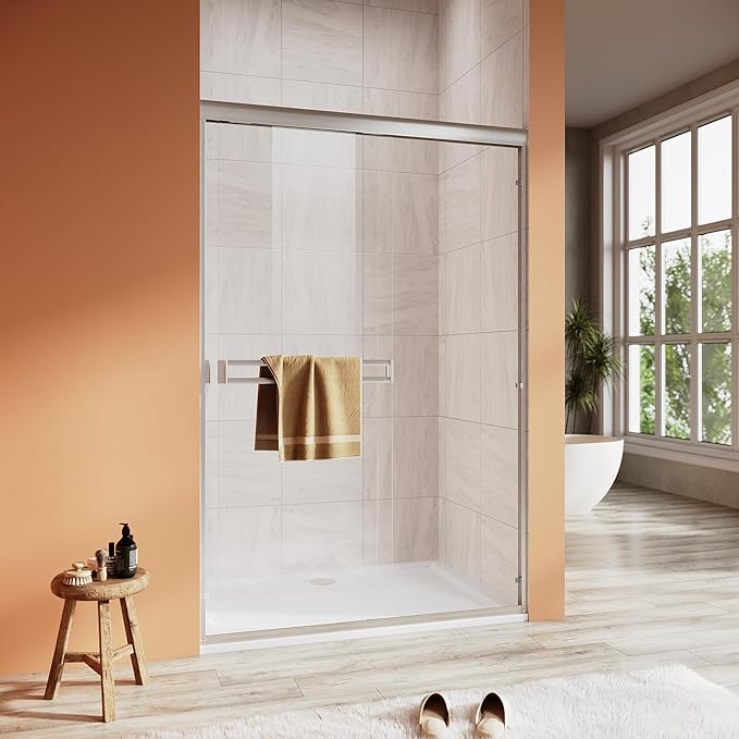 Shower Door 44-48 in. W x 72 in. H, UCALAFEE Semi-Frameless Double Sliding Shower Door with 1/4" (6mm) SGCC Clear Tempered Glass, Silent Soft-Close & Anti-Leak Walk-in Shower Door, Brushed Nickel