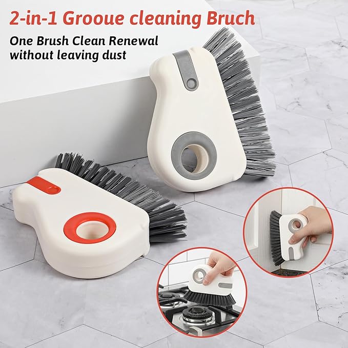 2Pcs 2 in 1 Groove Cleaning Brush, Hard Bristle Window Track Cleaning Tools, Multifunction Window Track Cleaner with Hidden Scraper, Crevice Brush for Sliding Door Sill Shutter Vents Household
