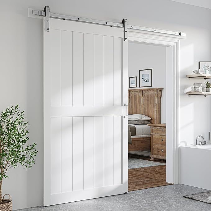 SmartStandard 48 x 84 inch White Sliding MDF Barn Door with 8FT Brushed Nickel Sliding Door Hardware Kit & Handle, Pre-Drilled Ready to Assemble, Waterproof PVC Coating, H-Frame