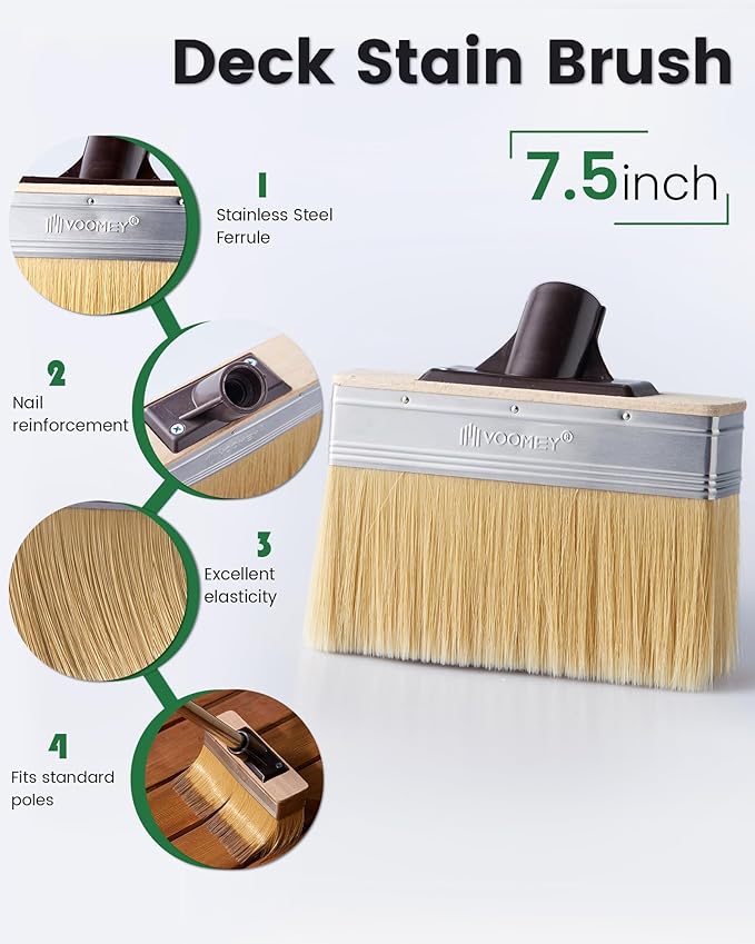 Voomey 7.5 Inch Deck Stain Brush, Heavy Duty Wood Stain Brush with Thick Soft Bristles, Wide Stain Applicator for Decks, Fences, Brick & Concrete Walls, Compatible with Long Handle Paint Pole