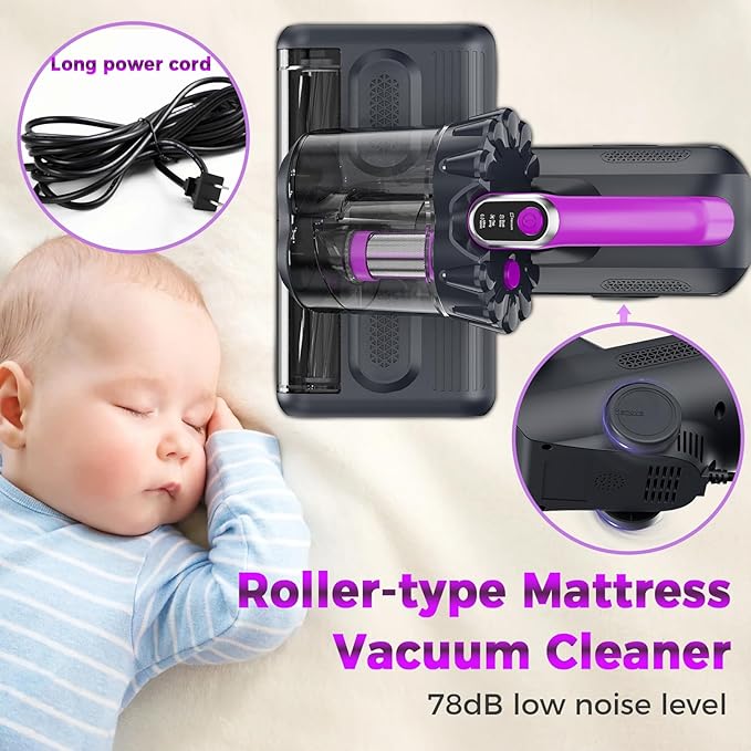 winterbear Mattress Vacuum Cleaner, 17Kpa Suction 500W High Power Handheld Roller-Type Bed Vacuum Cleaner with U-V-C Light & High Heating & Ultrasonic Tech, 2 * 30000Rpm Brush Rolls, Corded(Black)