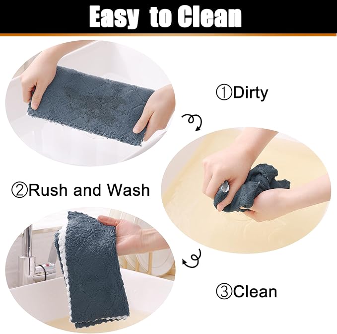 Mordimy 12 Pack Kitchen Towels (20" x 10", Dark Grey & White), Super Soft and Absorbent Dish Towels, Coral Velvet Microfiber Cleaning Cloth, Nonstick Oil Fast Dry Dish Cloths