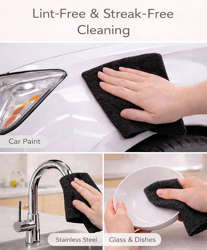 Microfiber Cleaning Cloth Roll - 100 Pack Tear Away Microfiber Paper Towels, Reusable, Washable, Scratch-Free, Kitchen Towels for Car, Home, Kitchen, Glass, Dishes (Black)