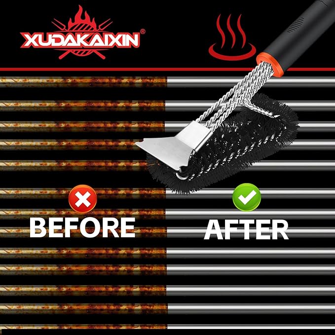 Grill Brush and Scraper, Safe Nylon Bristles Barbecue Triple Scrubbers Cleaning Brush for Cast Iron Grates/Porcelain/Weber Gas/Charcoal Grill，Extra Strong BBQ Cleaner Accessories (Black)