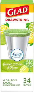 Glad Small Kitchen Drawstring Trash Bags, 4 Gallon, Febreze Sweet Citron & Lime, 34 Count