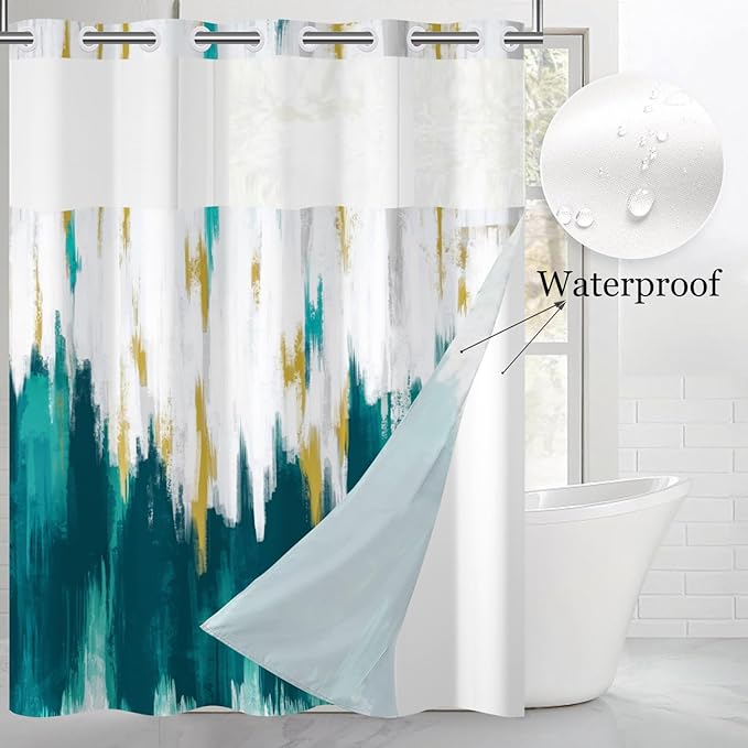 No Hook Shower Curtain with Snap in Liner, Hotel Style Blue White Mix Gold Brush Strokes Art Modern Shower Curtain Waterpoof Washable with See Through Top Window,71"x86"