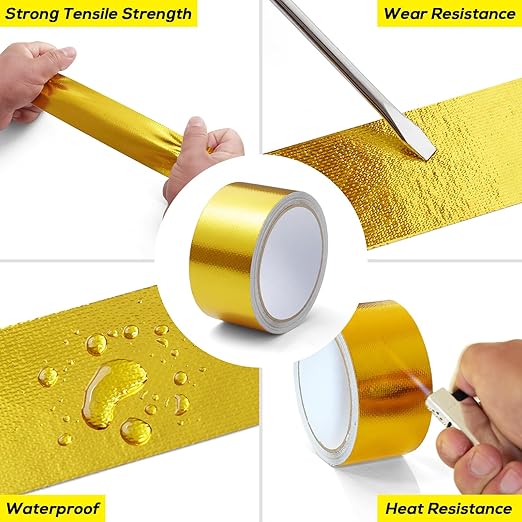 Aluminum Foil Tape, 2in x 33FT Fiberglass Heat Shield Tape, Golden Self-Adhesive Heat ReflectiveTape, Exhaust Heat Resistant Tape, for Hose and Auto Use
