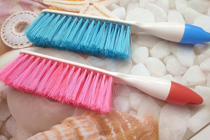 Jilukibo 2 Pack Soft Bristle Bed Sheets Sweeping Cleaning Brush with Plastic Handle, Blue, Rose Red