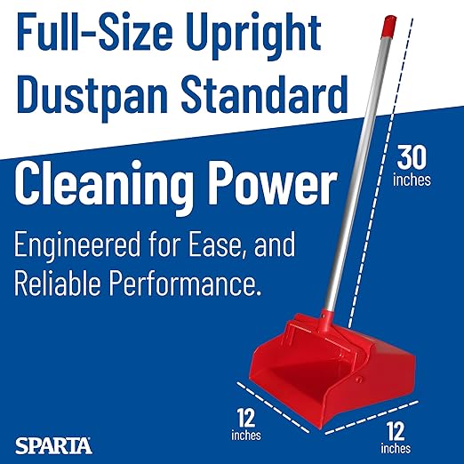 SPARTA Upright Dustpan with Aluminum Handle, Serrated Edge for Broom Combing, Secure Yoke Lock with Easy Storage Hanging Hole for Commercial Cleaning, Plastic, 30 Inches, Red