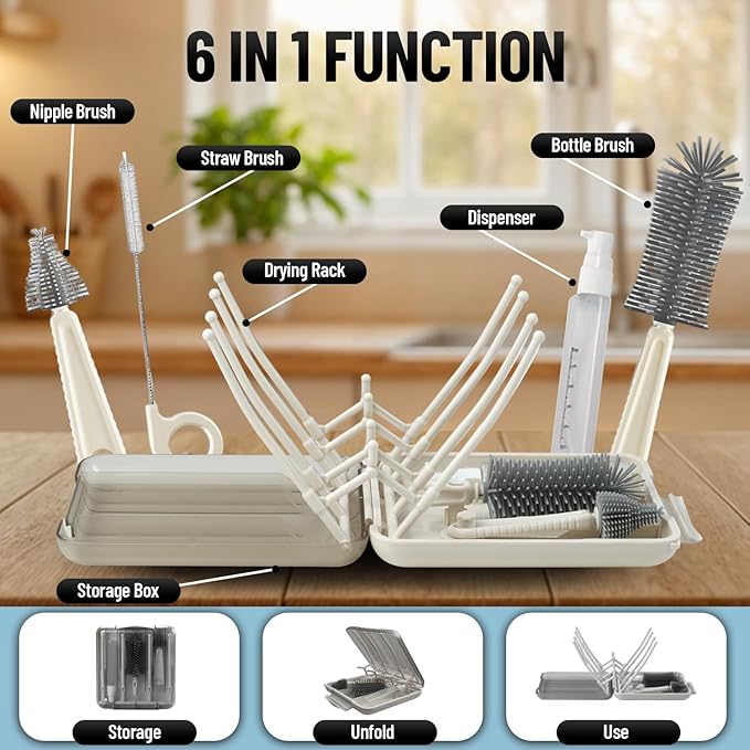 Bottle Brush Set Cleaner Silicone Brushes - Premium Food-Grade Silicone - Travel Friendly Portable Baby Bottle Cleaner Kit (White, Classic Style)
