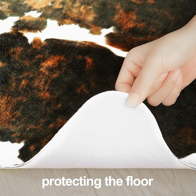Amearea Faux Cow Hide Rug Large 6.2x5.2 Feet, Premium Western Home Decor Cow Print Rugs for Living Room, Faux Leather Animal Cowhide Bedroom Carpet, Dining Traditional Cow Pattern Stuff Carpets, Brown