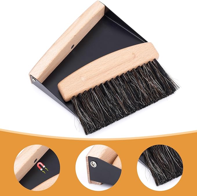 Desktop Broom and Dustpan Set, Mini Dustpan and Brush Set Wooden Handheld Broom and Dustpan Set for Cleaning Desktop Bed Car Animal Cage & Windowsill(Black)