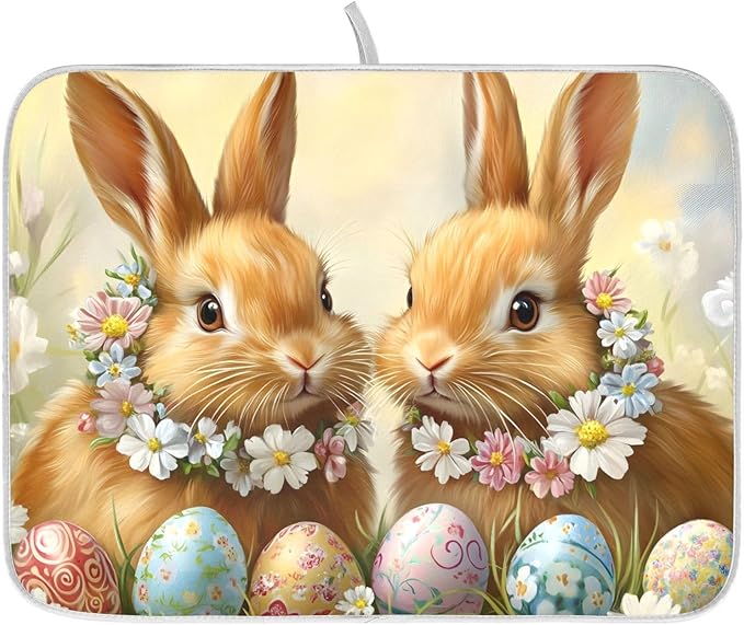 Cute Rabbit Bunny Easter Eggs Dish Drying Mat for Kitchen Counter Absorbent Microfiber Small Drying Pad Dish mats for Kitchen Countertops 16 x 18 Inch