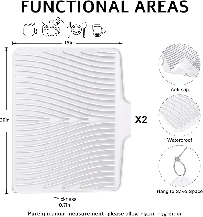 Silicone Dish Drying Mat, Stone Drying Mat for Kitchen Counter with Built-In Drain, Non-Slip Drain Pad with Built-in Drain, Heat Resistant Stone Drying Mat, White-2pcs, 20" x 15"