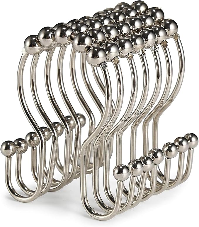 Goowin Shower Curtain Hooks, 12 Pcs Shower Curtain Rings, Stainless Steel Shower Curtain Hangers, Double Hook Shower Curtain Hooks, Smooth Sliding Anti-Drop Shower Rings for Curtain (Nickel)