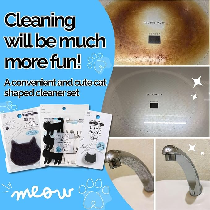 Cute Kawaii Cat-Shaped Sink Sponge, Cleaning Eraser, Melamine Kitchen Sponge(6 Pieces), Microfiber Towels Set