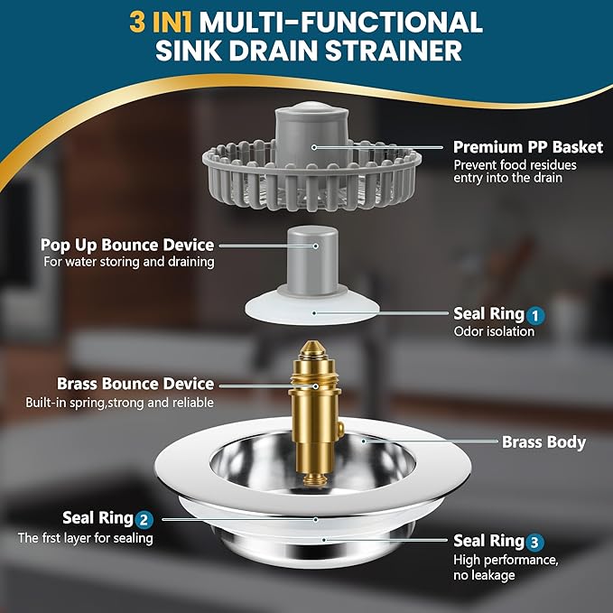 3-in-1 Kitchen Sink Strainer & Stopper, Stainless Steel Finish Pop Up Drain Plug – Anti-Clogging Food Catcher with Brass Core – Fits Standard 3.5 Inch Drain, Heavy Duty Replacement