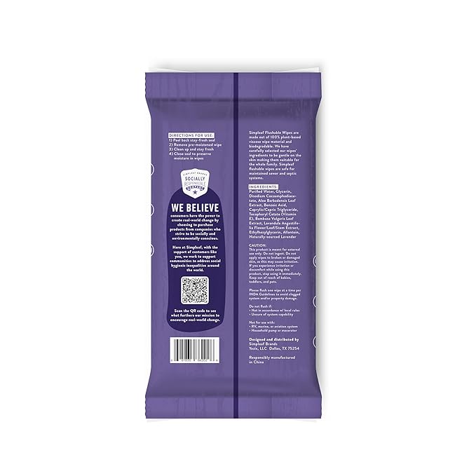 Simpleaf Lavender Essential Oil Flushable Wipes 50 Count (50 Count (Pack of 1), Lavender)