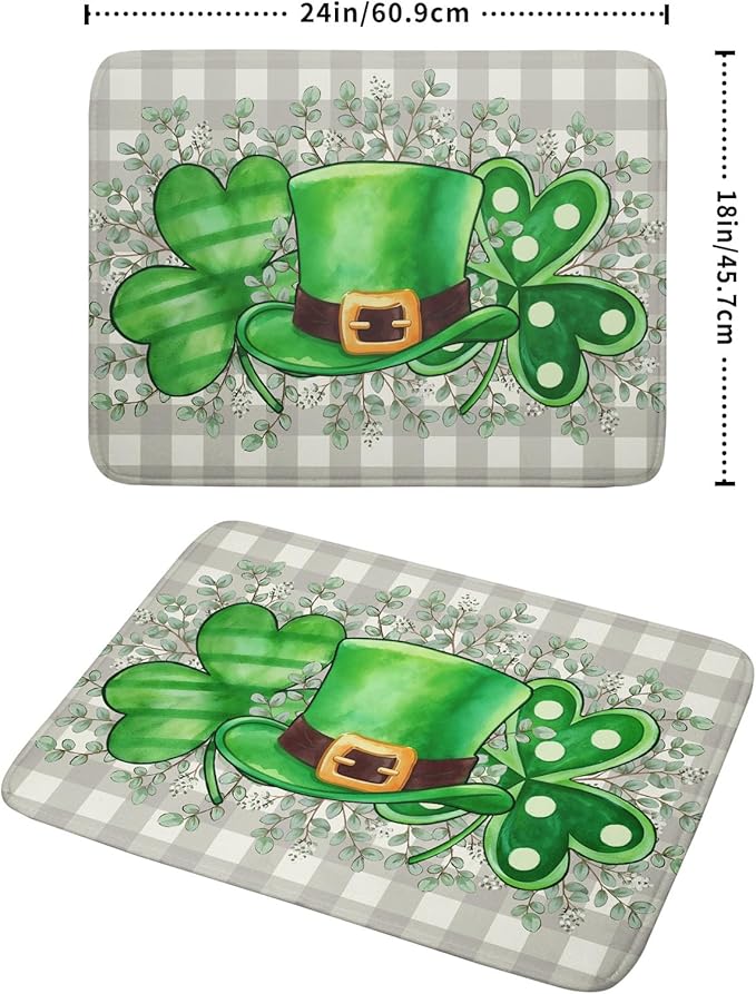 Khope St Patrick's Day Dish Drying Mat for Kitchen Counter 18x24 Inch Green Shamrock Hat Eucalyptus Leaves Reusable Washable Drying Pad Countertop Home Decor