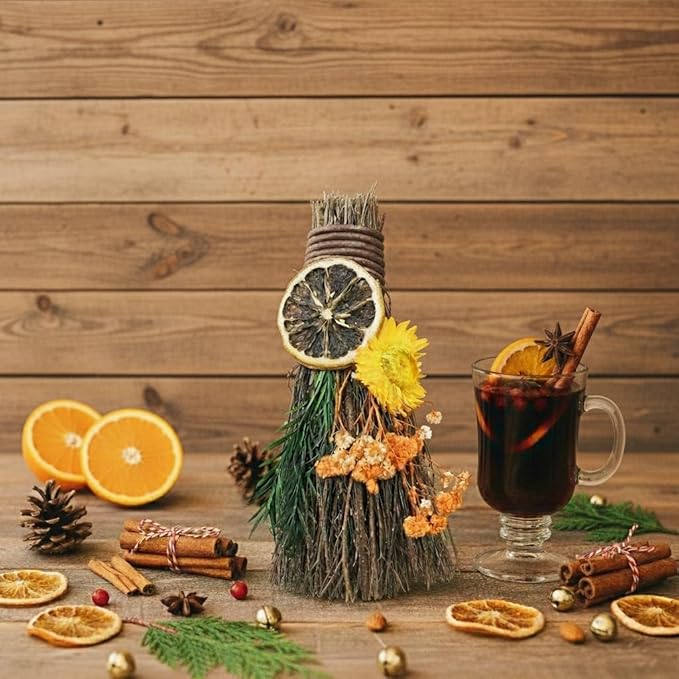 Cinnamon Broom 7.5 Inch Mini Spring Floral Cinnamon Broomstick Scented Natural Herbal Protection Handmade Witch Broom for Altar Spring Flower Home Wall Porch Decoration