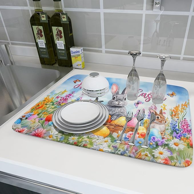 Khope Happy Easter Dish Drying Mat for Kitchen Counter 18x24 Inch Bunny Eggs Butterfly Flowers Reusable Washable Farmhouse Flower Drying Pad Countertop Home Decor