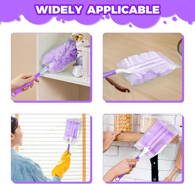 3PCS Duster Refills Folding Handles Set Compatible with Swiffer Dusters,Disposable Static Dust Removal Brush Handle for Dusting Electronics,Furniture,Blinds,Ceiling Fans (3, Purple)