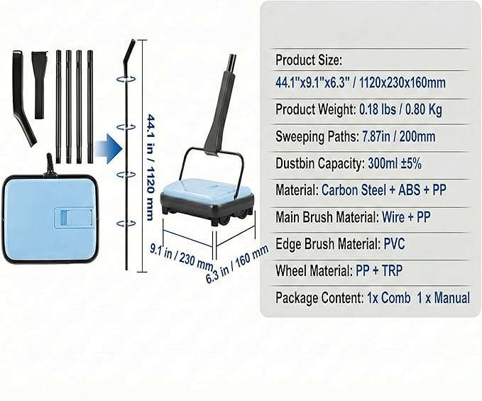 Manual Carpet Sweeper, Electric-Free Quiet Floor Sweeper with 300ml Easy-Empty Dustbin, 6.7” Cleaning Width for Pet Hair, Crumbs, Dust on Carpets, Hardwood, Tile - Home & Office Use (Blue)